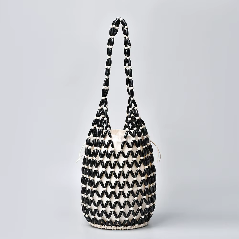 Sac à main tissé pour femmes, sac à perles en bois ajouré, sac seau à bandoulière, sac à main de pla