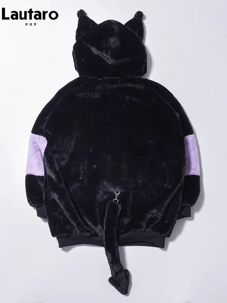 Lautaro automne hiver surdimensionné couleur bloc fausse fourrure manteau femmes Harajuku Kawaii dou