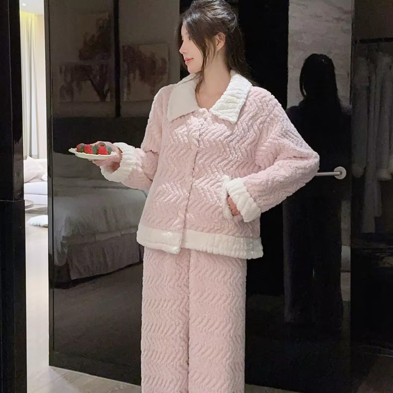 Pyjama trois pièces en flanelle pour femme, nouveau style, avec poches obliques et motifs gaufrés, t