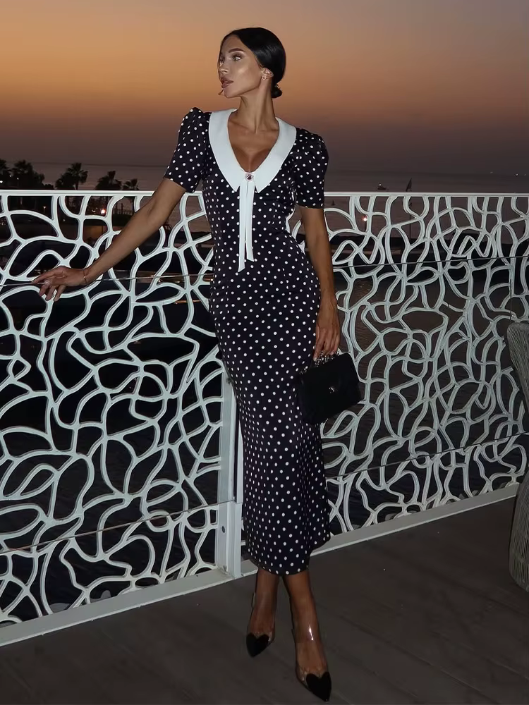 Robes imprimées à pois pour femmes mode Sexy Streetwear manches courtes gaine col rabattu col en v l