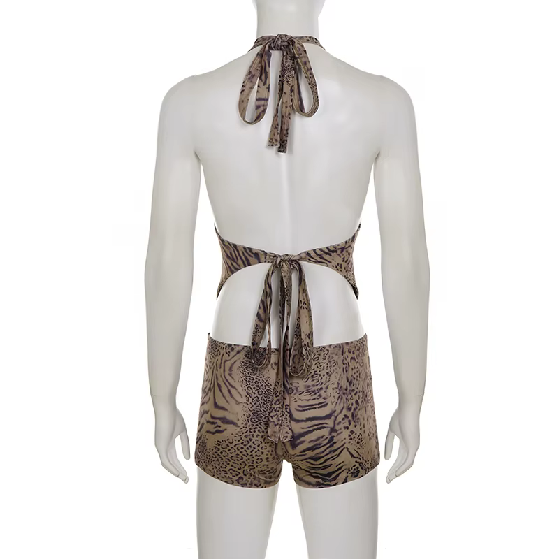 Ensemble 2 pièces pour femme SUCHCUTE, imprimé léopard, haut court dos nu à col en V profond et shor