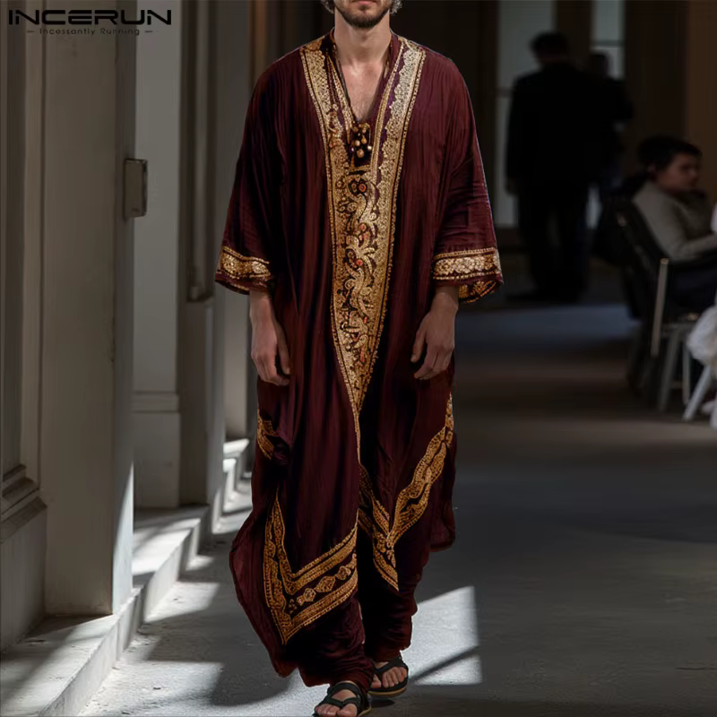 INCERUN hommes Jubba Thobe impression Patchwork col en V à manches longues hommes Robes caftan musul