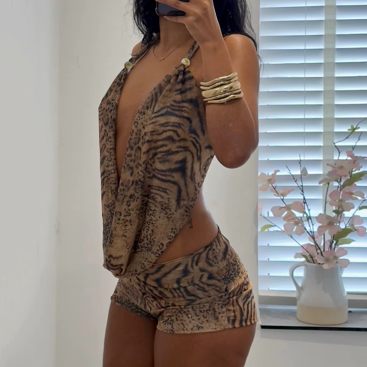 Ensemble 2 pièces pour femme SUCHCUTE, imprimé léopard, haut court dos nu à col en V profond et shor