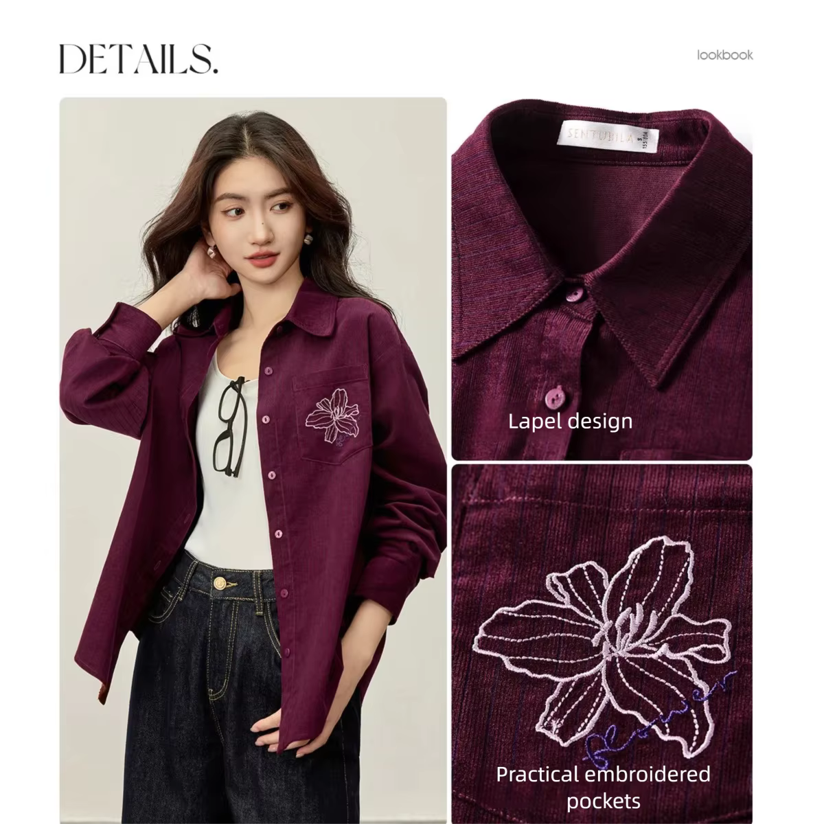 Chemise en velours côtelé de coton SENTUBILA pour femme, collection automne 2026, décontractée, brod