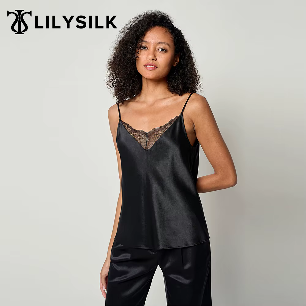 LILYSILK Camisole 2 en 1 en soie pour femme MIM Vest Top avec col en V en dentelle et fines bretelle