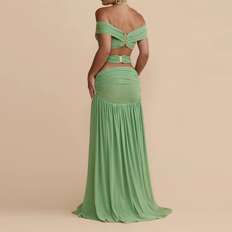 Ensemble deux pièces élégant à sequins floraux pour femme : haut court asymétrique à une épaule + mi