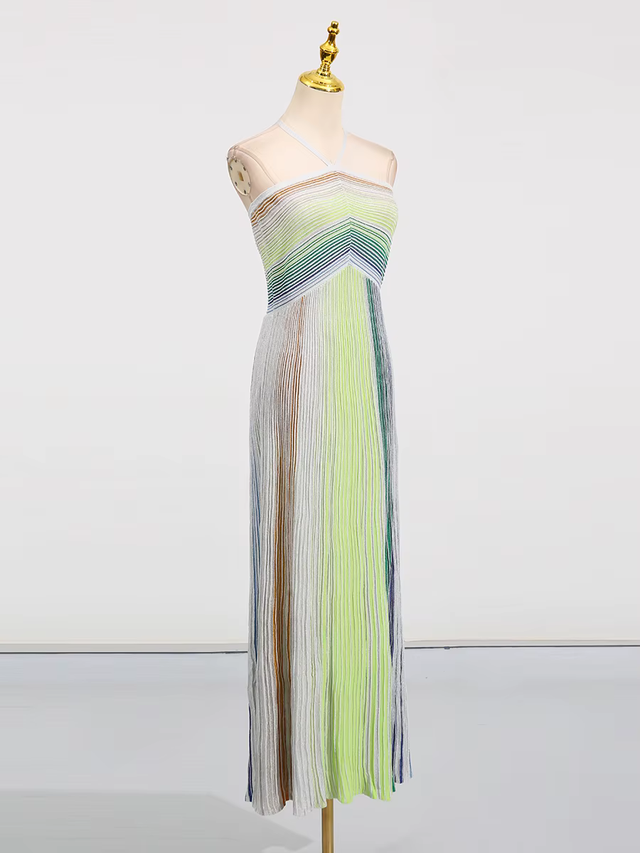 Robe longue de fête VGH à rayures colorées pour femme, dos nu, taille haute, sans manches, coupe aju
