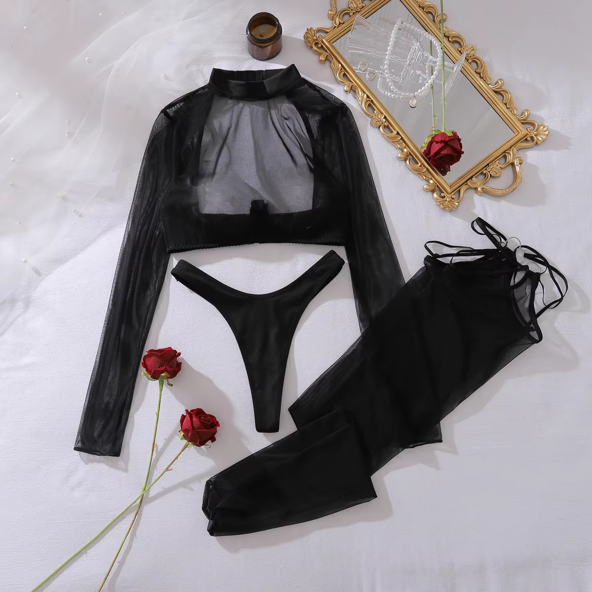 Ensemble de lingerie séduisante et sexy, haut à manches longues transparent, culotte, 2 pièces avec
