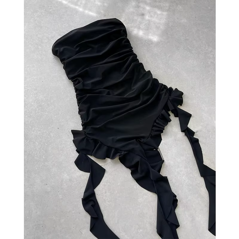 Mini robe sans bretelles pour femmes, Sexy, ourlet pliable, fente haute, couleur unie, dos nu, sans 
