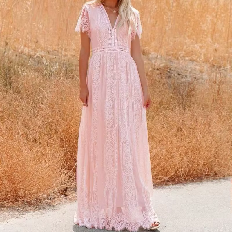 Robe en dentelle taille haute à col en V pour femmes, robes de soirée élégantes, longue robe de plag