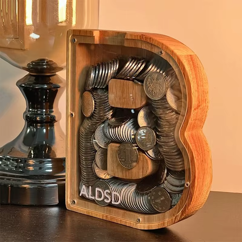 Tirelire anglaise 26 lettres, boîte d'économie d'argent en bois, pot de pièces de monnaie, boîte de 