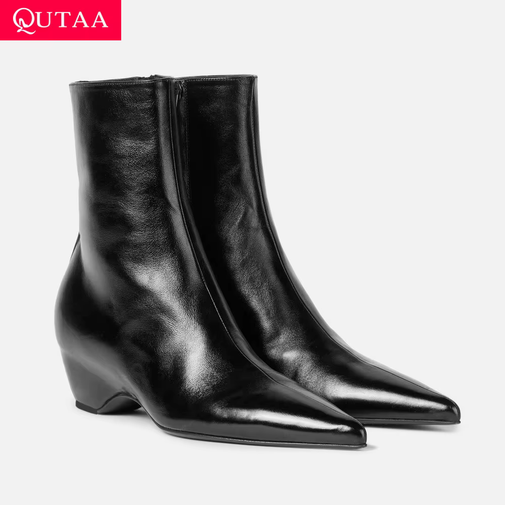 QUTAA mode nouvelles femmes bottines en cuir de vache chaussures d'hiver talons hauts compensés auto