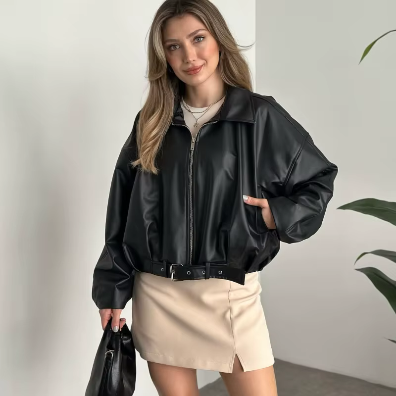 Veste en cuir tendance pour femme, blouson bomber vintage en similicuir, fermeture éclair unie, col 