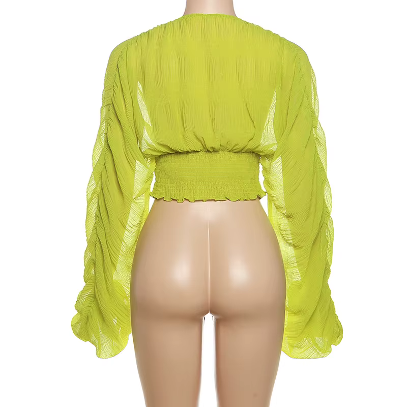 Chemisier en mousseline de soie plissée pour femmes, couleur unie, mode Sexy, col en v, manches long