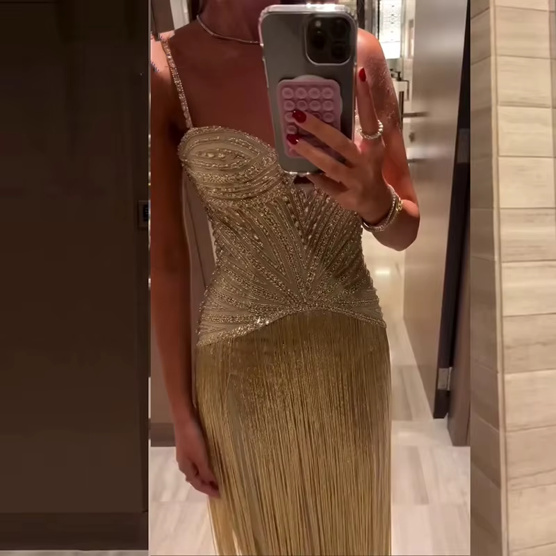 Robe portefeuille Sexy sans manches à franges creuses, dos nu, coupe cintrée, à paillettes brillante