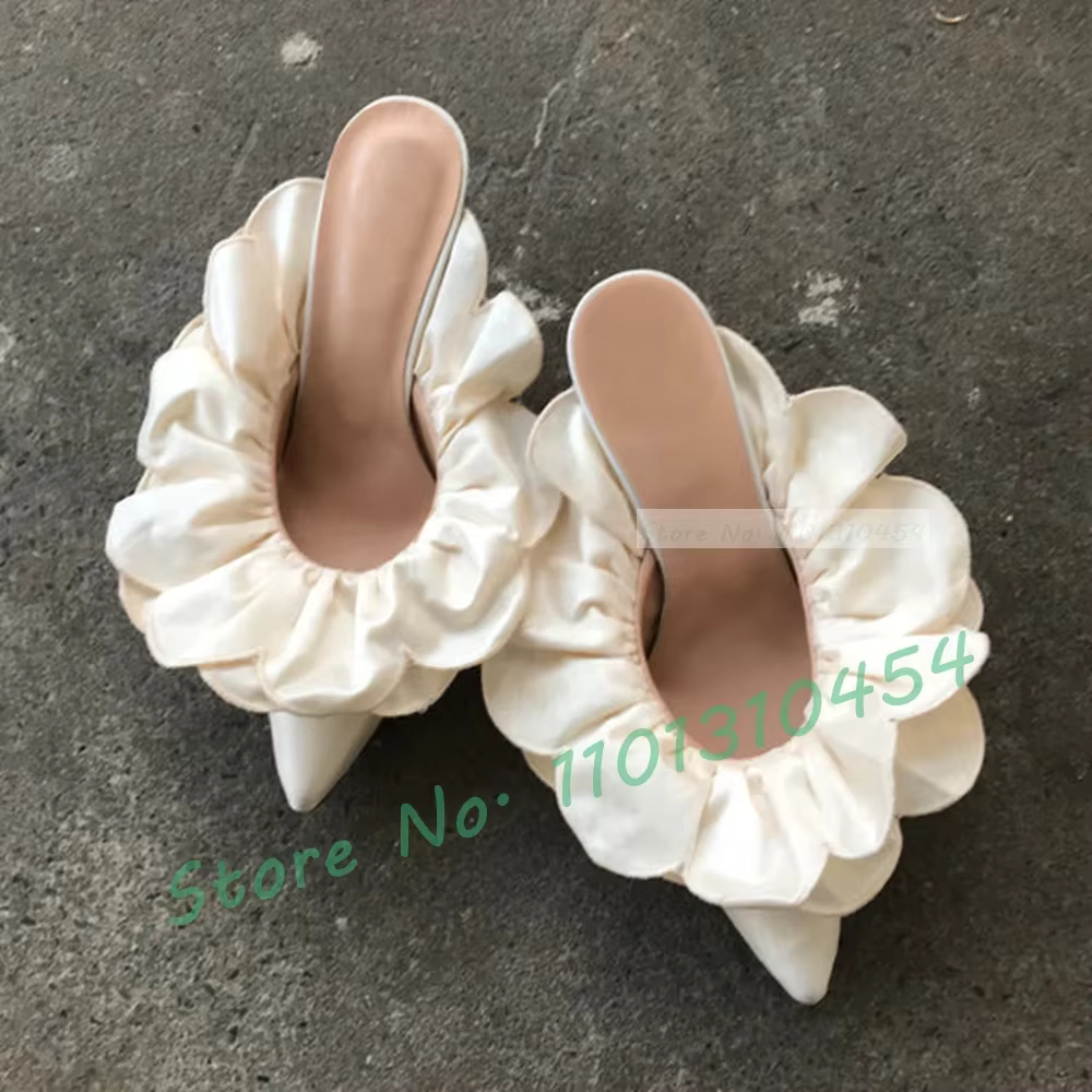 Mules à talons bas à volants verts pour femmes, fleur douce, design rond, chaussures pointues magnif