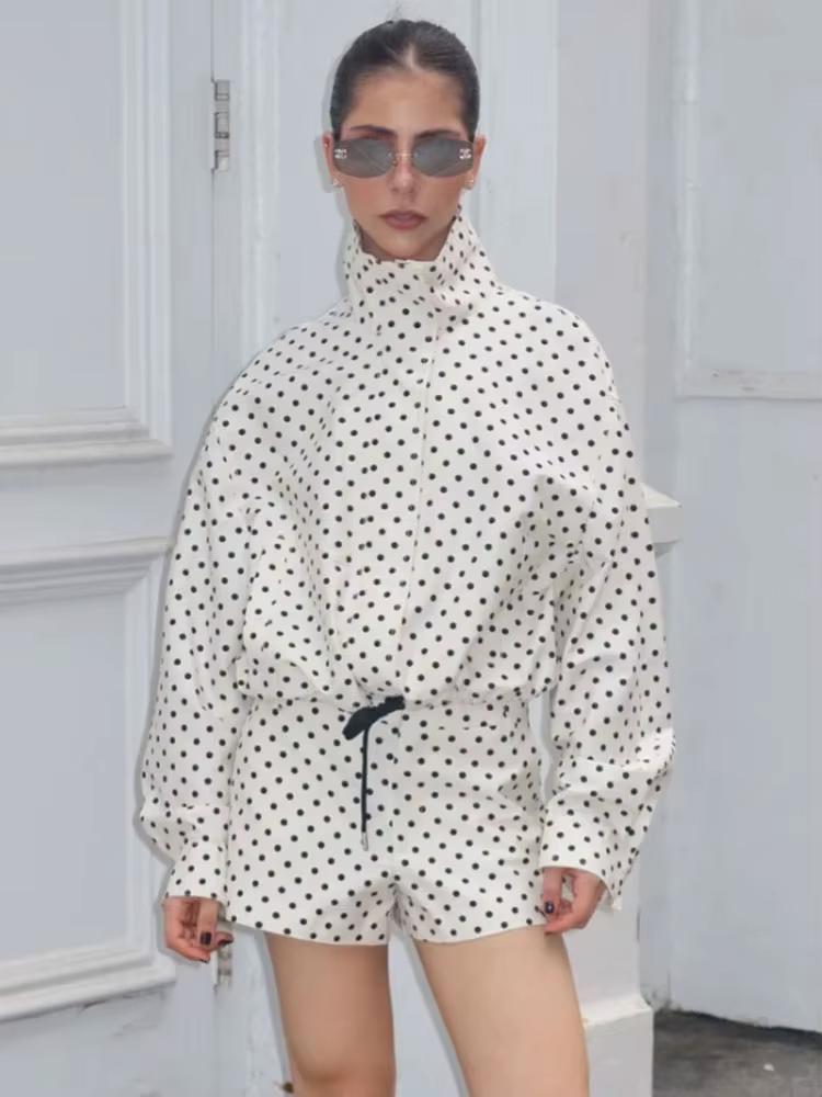 HH – ensemble imprimé à pois pour femme, veste à manches longues, col roulé, cordon de serrage + sho