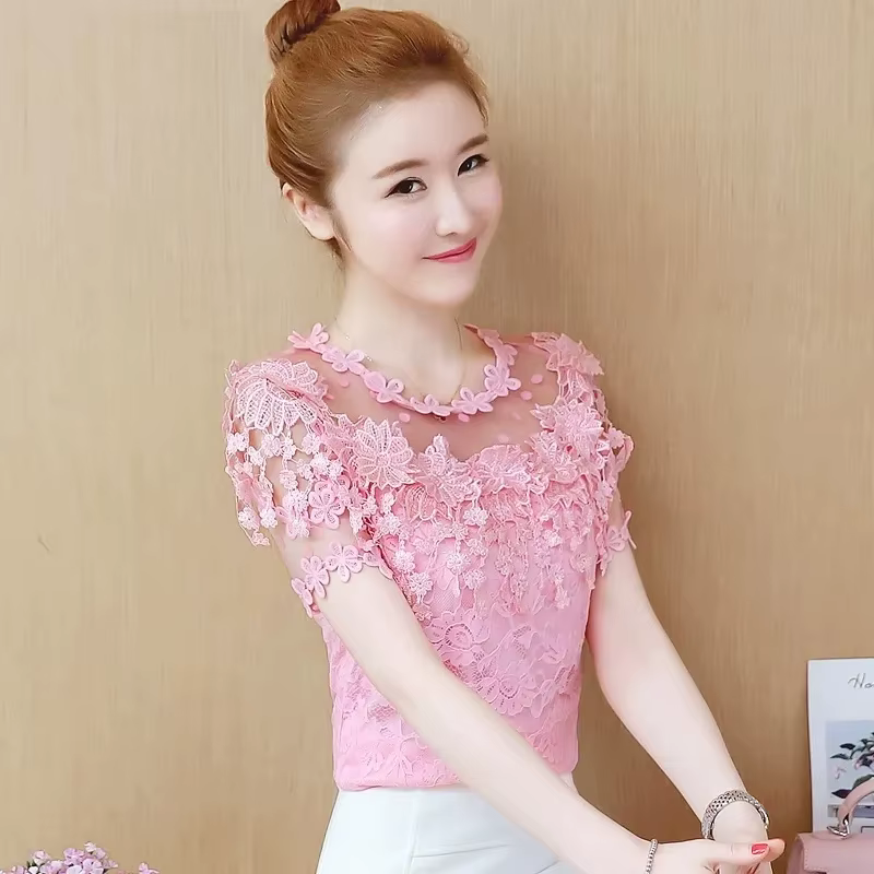 Été Version coréenne T-Shirt femmes nouvelle chemise en dentelle à manches courtes crochet creux dou