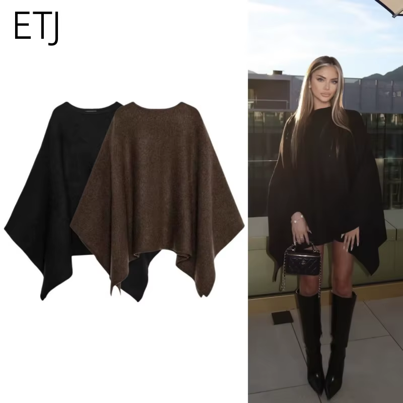 ETJ 2025 nouvelle mode femme surdimensionné version ample du col rond cape pull couleur unie manches