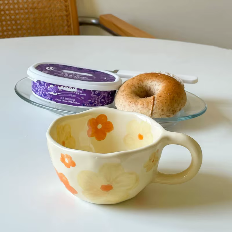 Tasses en céramique à fleurs irrégulières pincées à la main, tasses à café, tasse à thé au lait, Sty
