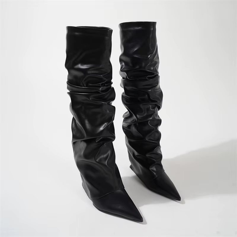 Bottes hautes plissées en cuir noir pour femmes, chaussures à semelles compensées, Sexy, à bout poin