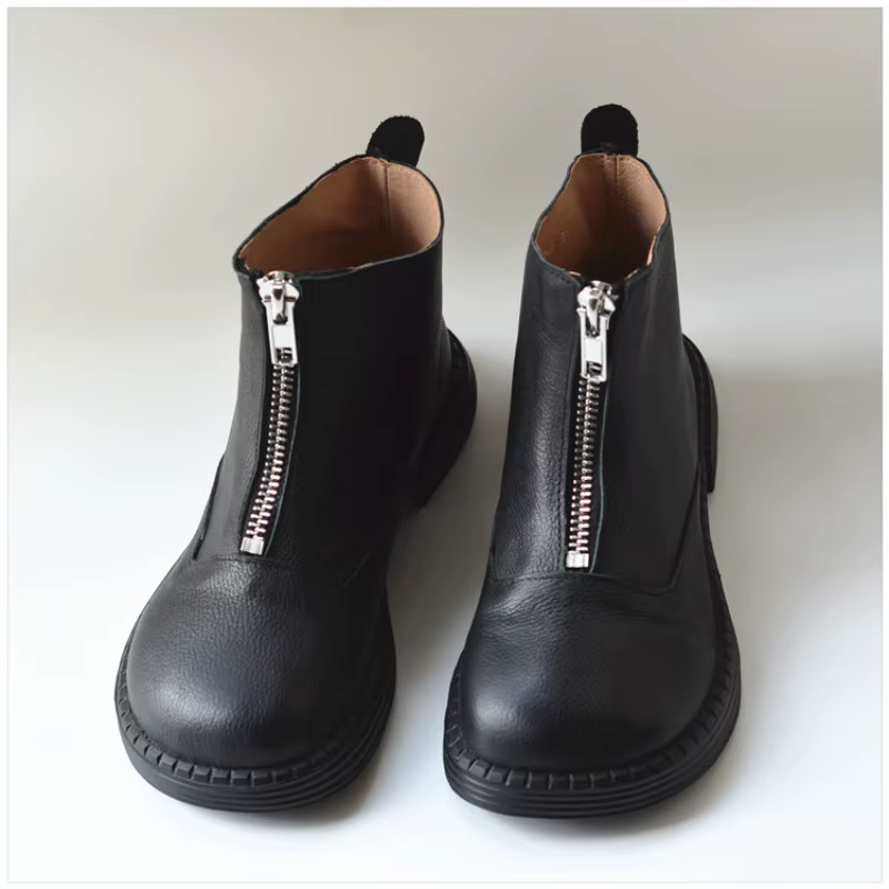 Bottes de chevalier rétro faites à la main pour femmes, bottes courtes en cuir naturel, bout large, 
