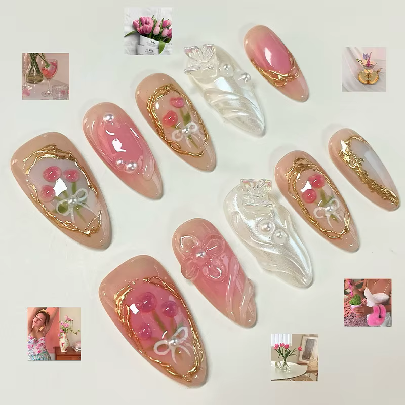 24 pièces doux Cool amande ensemble d'ongles presse sur ongles acryliques 3D Floral papillon faux on