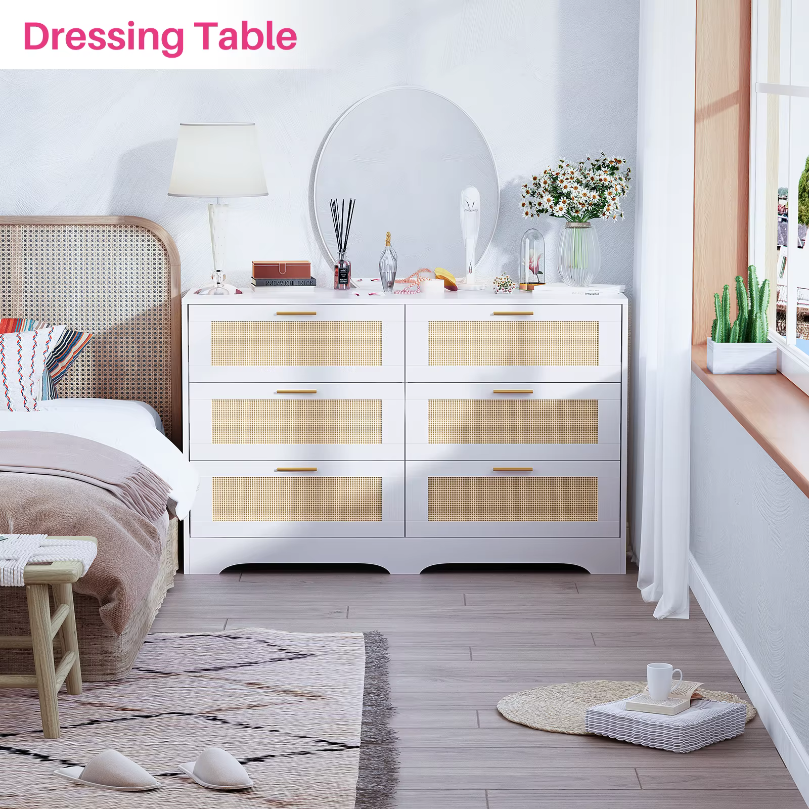 REDLIFE-Commode en rotin 47.24 "avec 6 portes, commode moderne, rangement en bois avec Golden Foy po