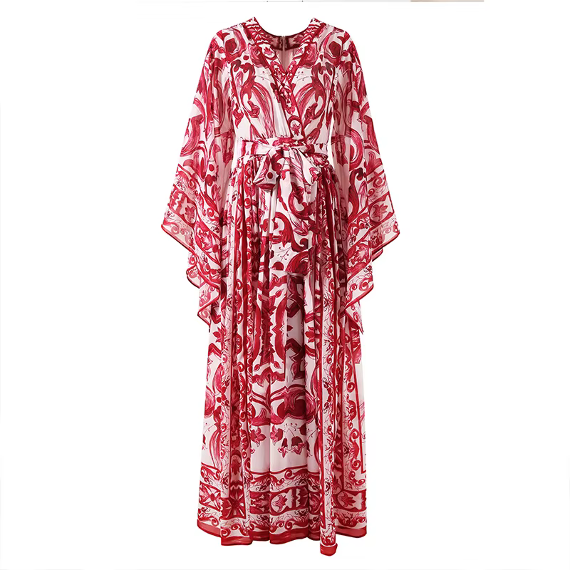 Robe de vacances à imprimé de porcelaine rouge bleu et blanc pour femmes, robe longue d'été, robe bo