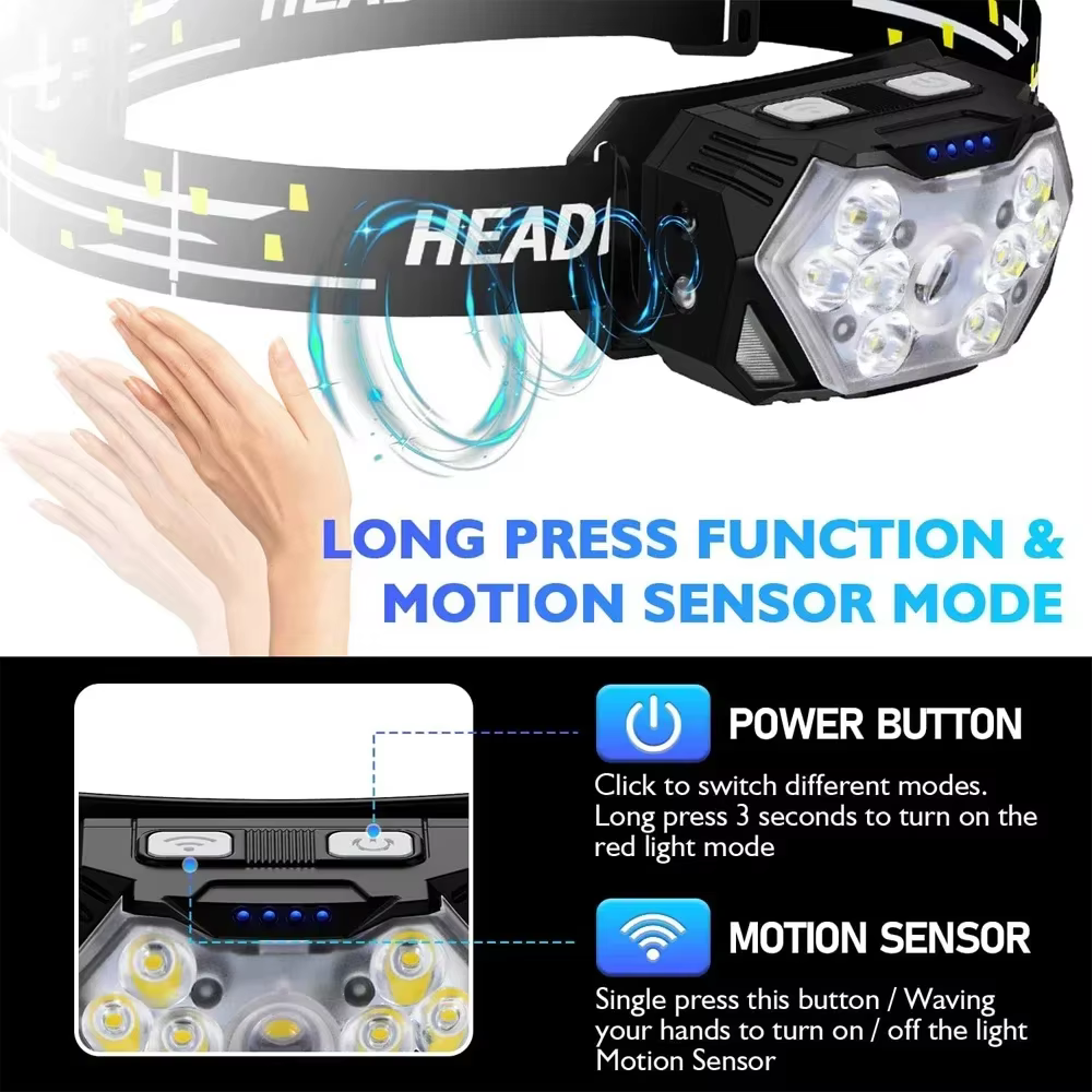 9 LED lampe frontale forte USB rechargeable capteur de mouvement phare Portable pêche Camping lampe