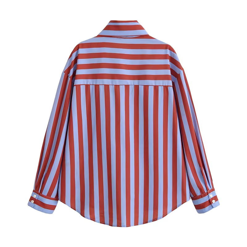 Chemise à rayures verticales rouges et bleues pour femmes, avec col noué, manches longues, ourlet in