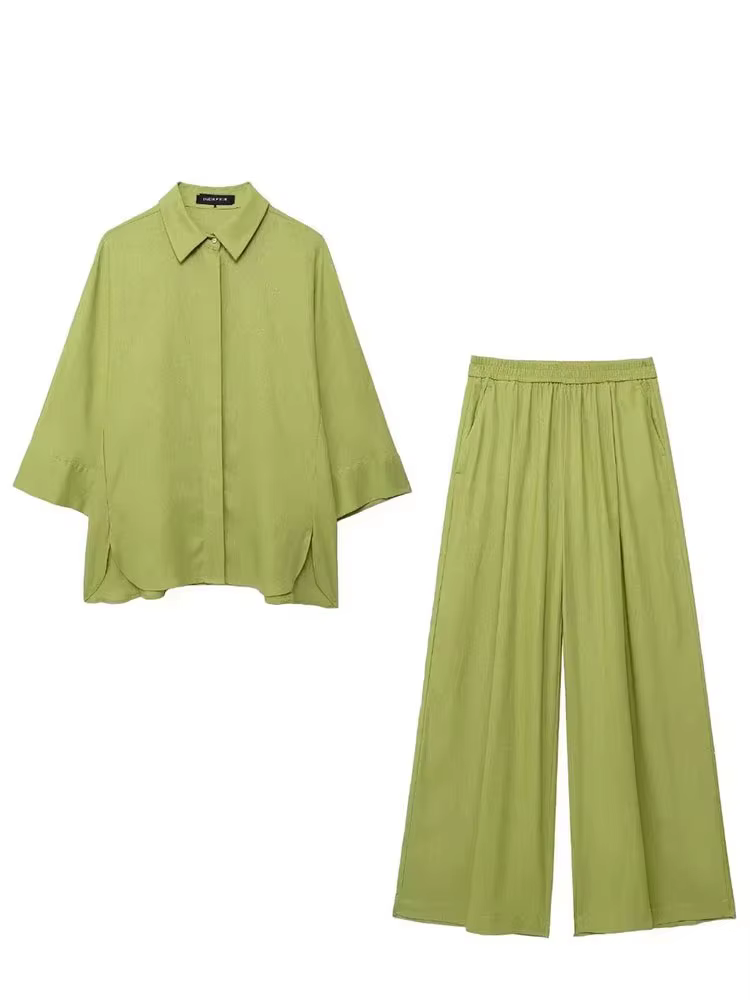 HH femmes décontracté solide Blouse pantalon ensembles ample à manches longues revers chemises taill