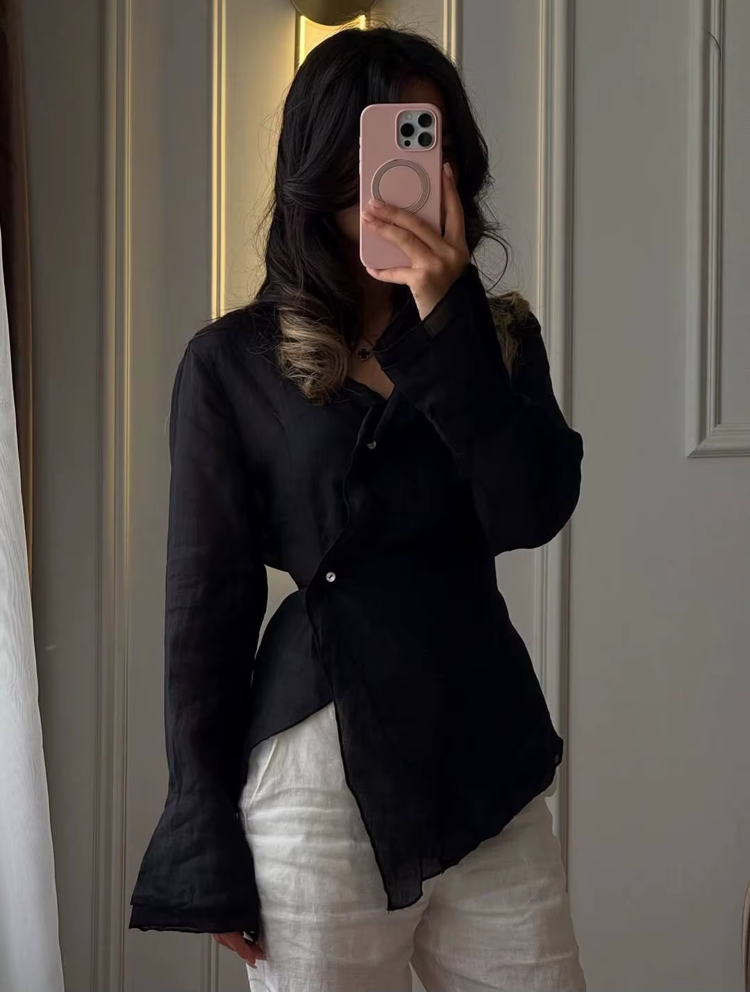 Chemises en coton et lin rouge pour femmes, col en v, manches longues, chemisiers fins à bandes, nou