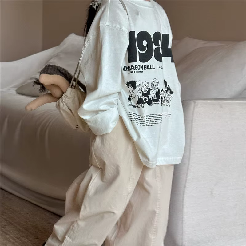 T-shirt manches longues col rond pour enfants, ample, en coton, avec lettres de dessin animé, printe
