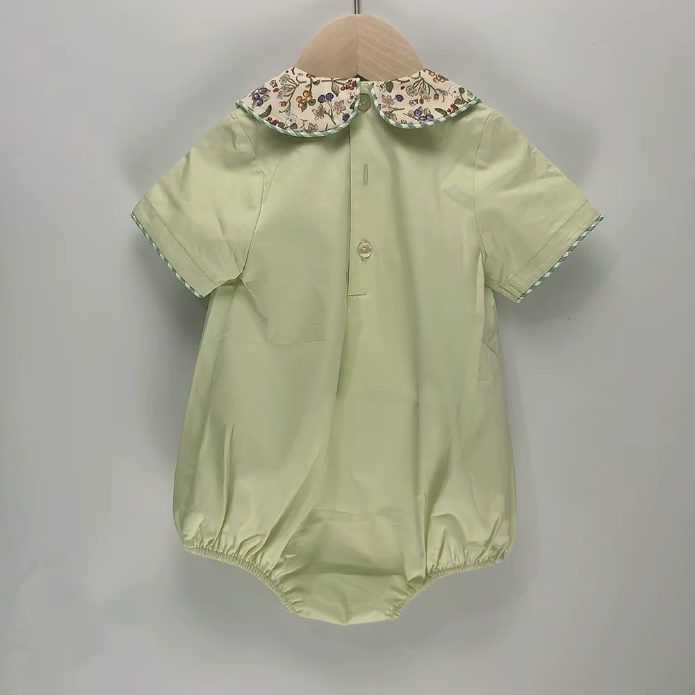 Vêtements de Boutique pour Enfant, Barboteuse à Manches Courtes en Coton Vert, Imprimé Floral, Col à