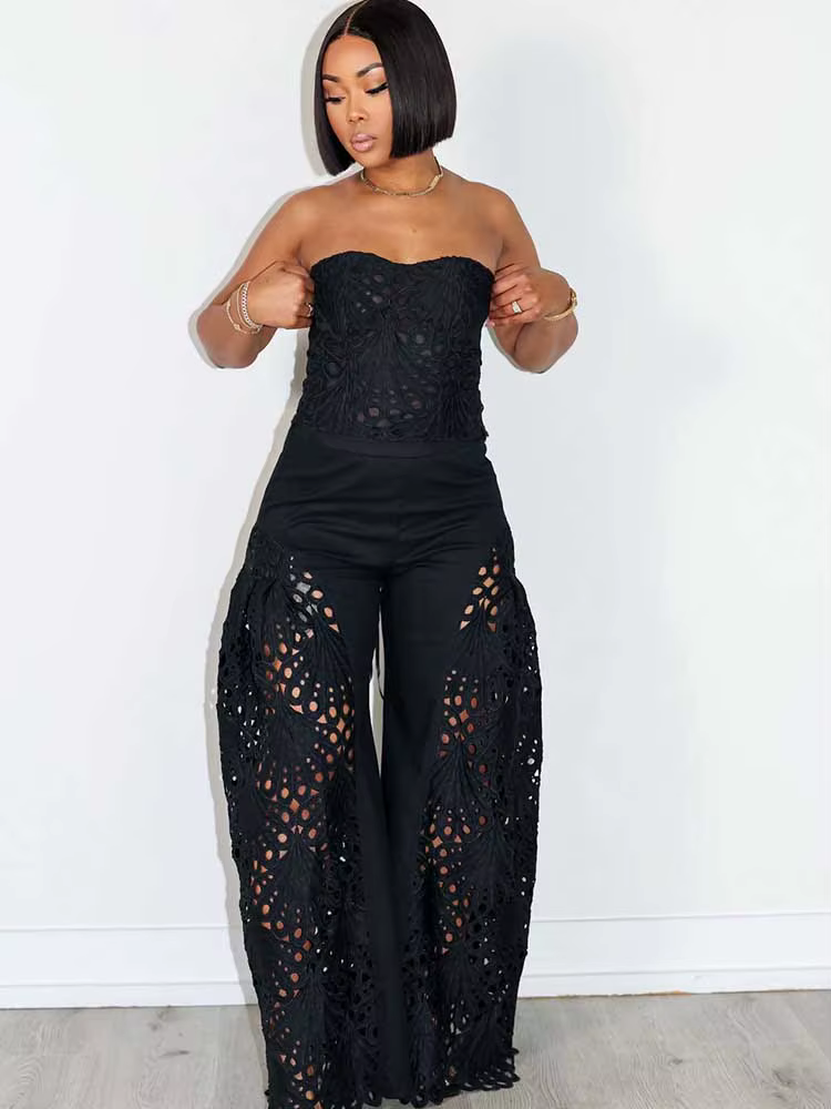 Ensemble deux pièces en dentelle pour femmes, vêtements élégants, col en V, Sexy, sans bretelles, ha