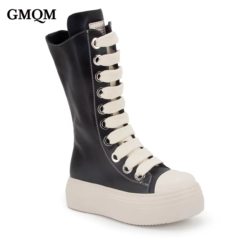 GMQM femmes bottes hautes à lacets fermeture éclair talons hauts noir plate-forme bottes bout rond s