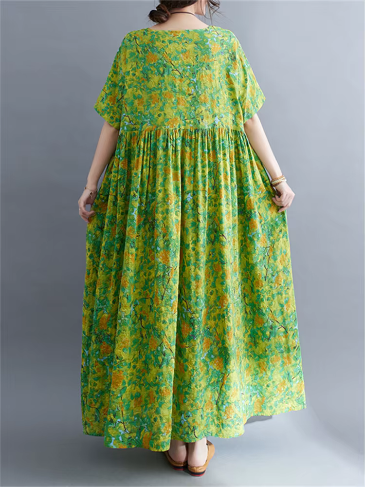 Robe longue décontractée en coton à manches courtes imprimé vert style vintage pour femme 2026 – Ten
