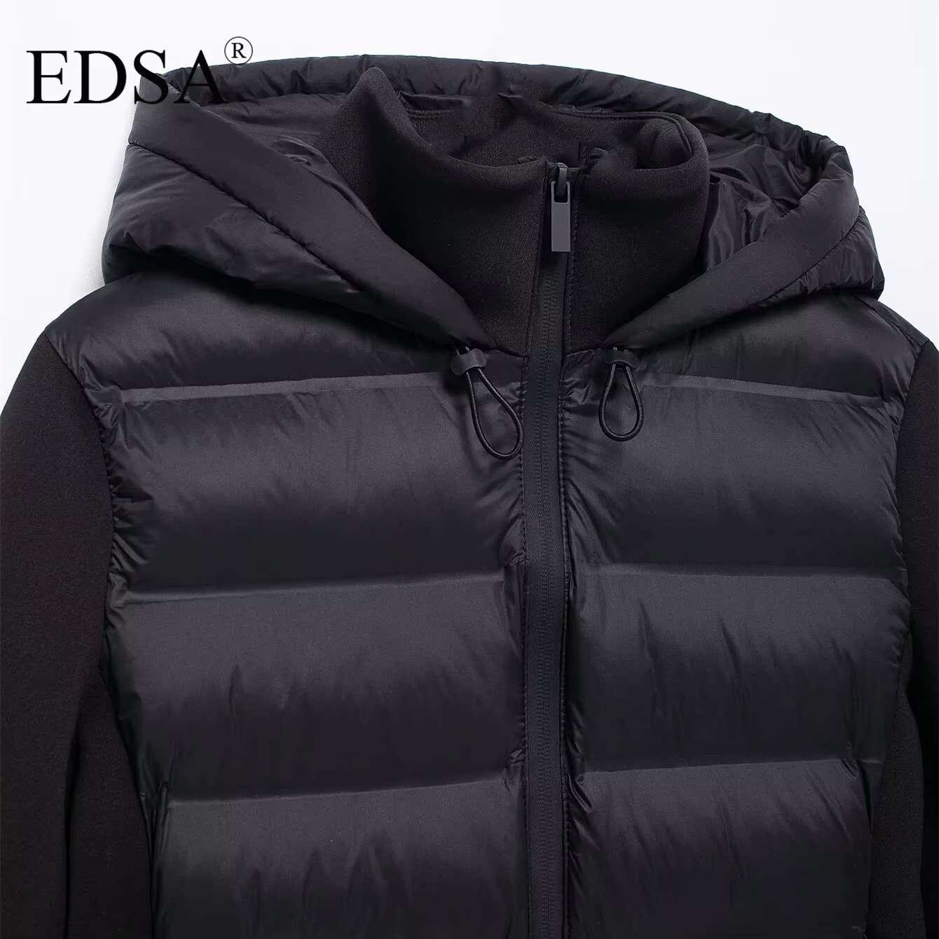 EDSA Veste rembourrée noire pour femme, capuche réglable avec bouchons, col haut, manches longues, p