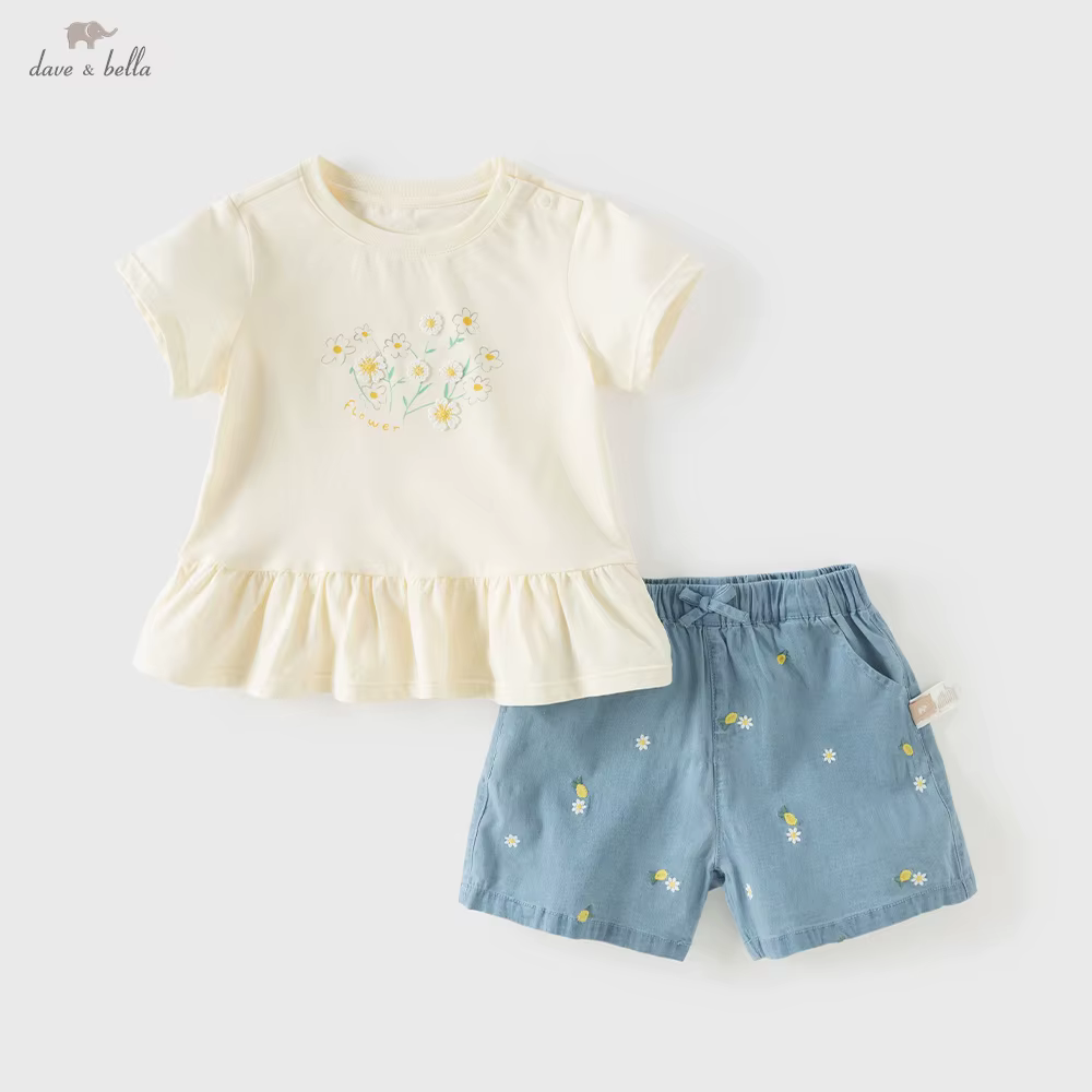 Ensemble short et chemise en coton pour filles Dave Bella, pantalon en jean élastique, tenue décontr