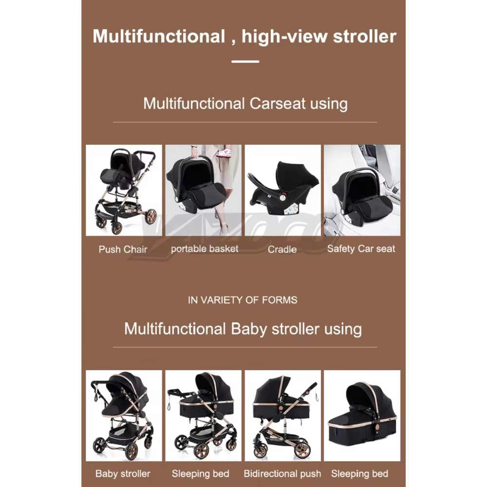 Poussette bébé pliable 3-en-1, poussette haute avec capote réglable et amortisseur, chariot portable
