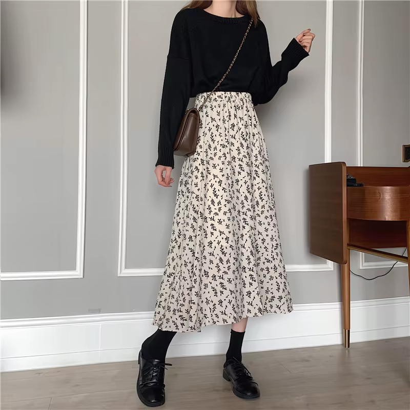 Jupe longue plissée Vintage à imprimé Floral, ligne a, jupe coréenne pour femmes, Streetwear, cordon