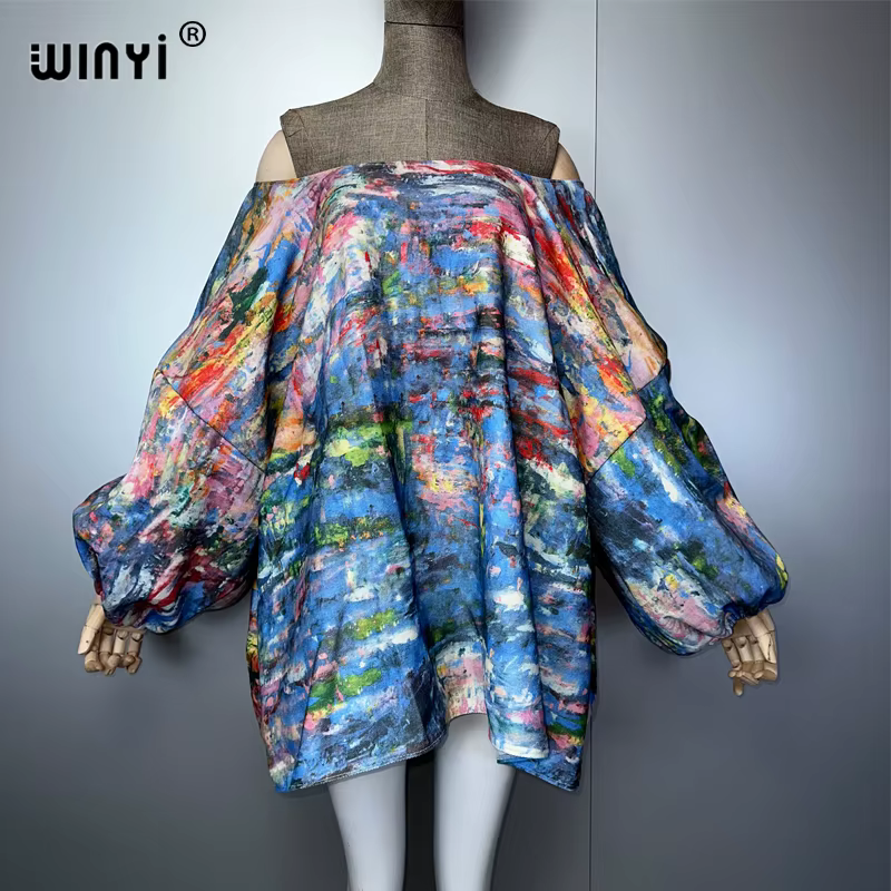 WINYI Original imprimé manches bulles denim robes mode afrique femmes vacances décontracté Maxi robe