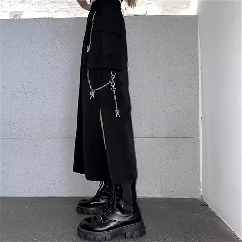 Jupe longue noire de Style coréen pour femmes, avec chaîne, fente latérale, Hip Hop, Streetwear, gra