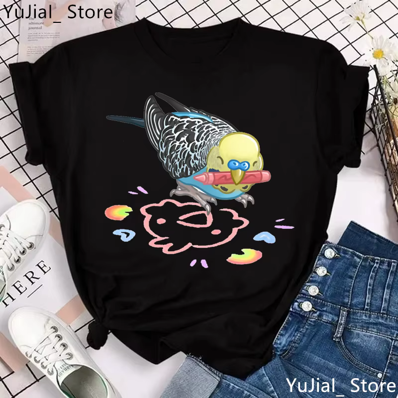 T-shirt imprimé graphique pour femme, joli t-shirt perroquet, blanc, manches courtes, j'aime vraimen