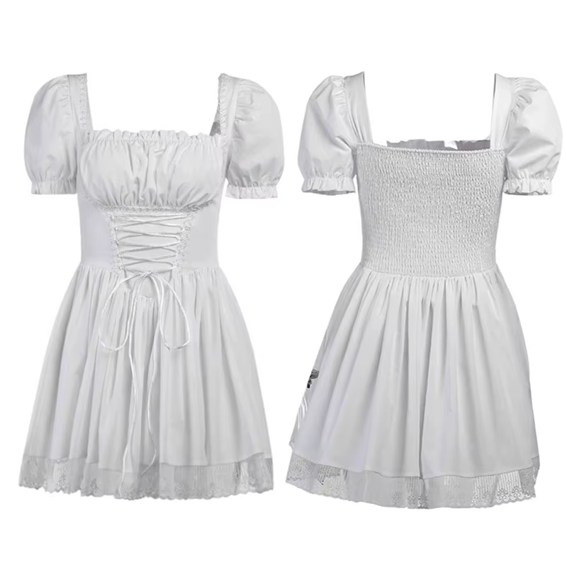 Robe trapèze à manches bouffantes pour femmes, tenue courte d'été Fairycore Lolita, couleur unie, ga