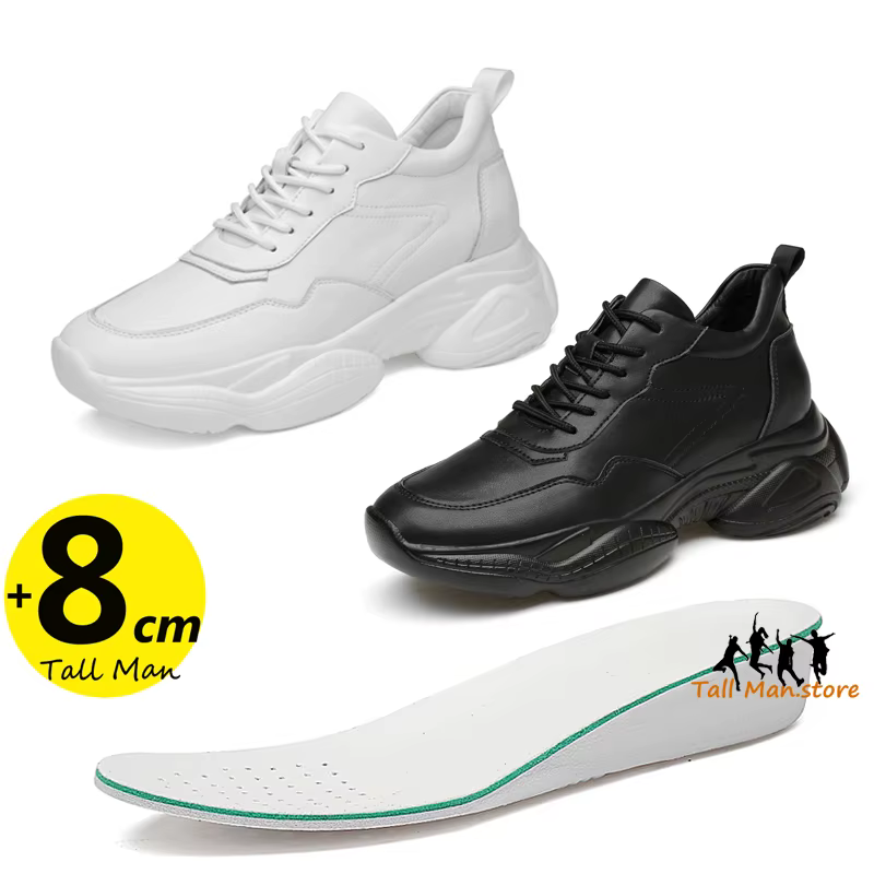 Chaussures rehaussantes pour hommes, semelle intérieure augmentée de 8cm, blanc, noir, grande taille