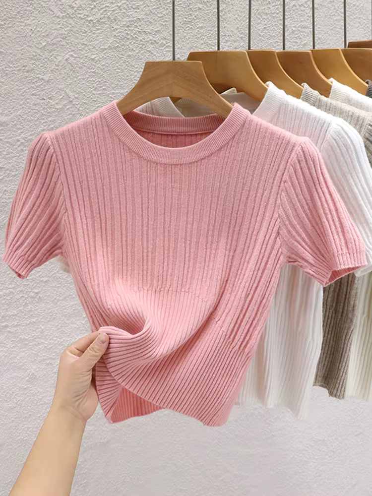 T-shirts d'été 2026 pour femmes – Décontractés, style coréen, tricotés, streetwear, basiques, unis, 