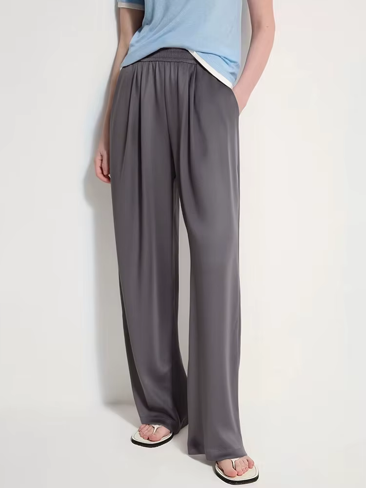 Pantalon large en satin de luxe pour femmes, pantalon avec poches, pantalon noir pour femmes, pantal
