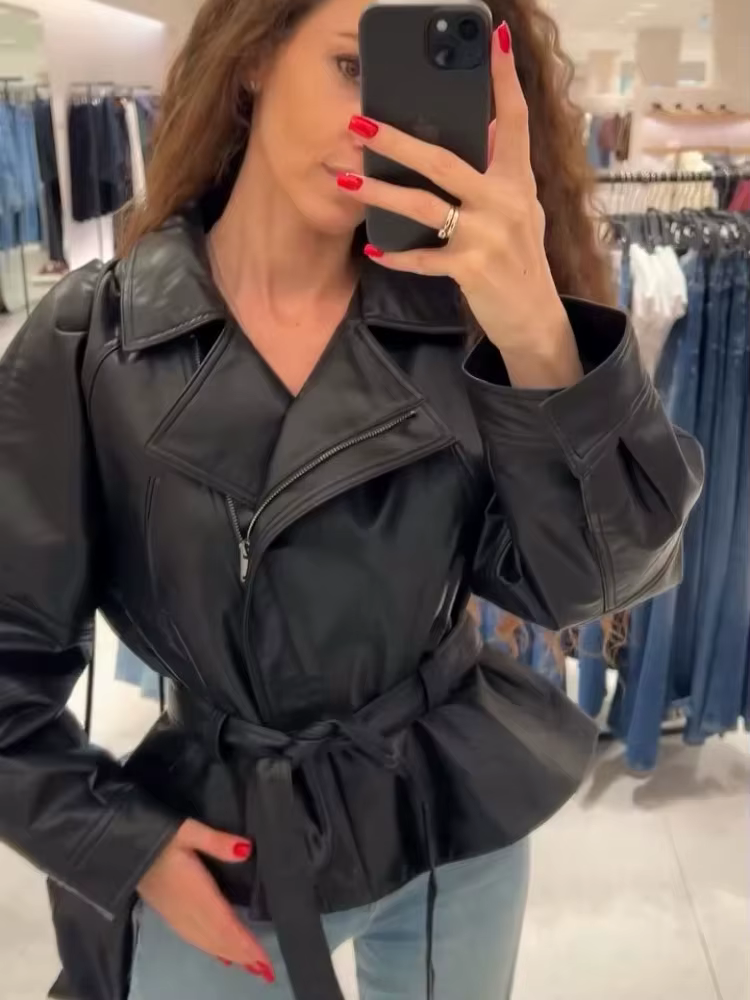 HH femmes Vintage moto veste avec ceinture Faux cuir Trench manteau à manches longues revers veste à